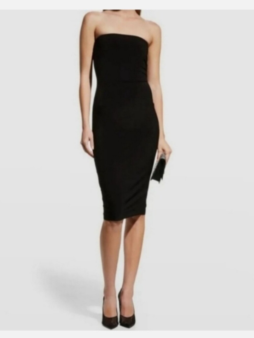 Norma Kamali Strapless Black Sheath Dress Ruched Midi Cocktail Bodycon